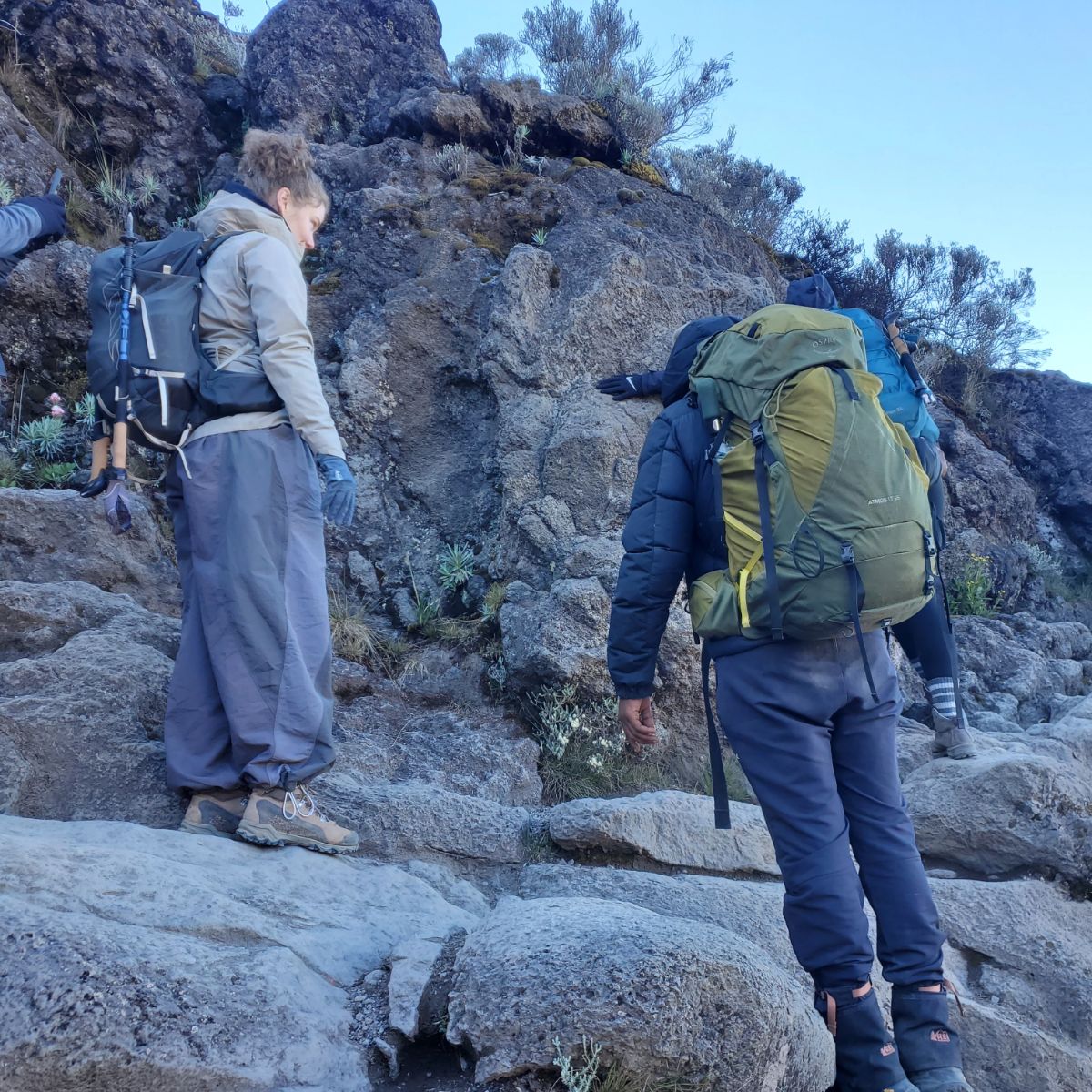 Assistant guide providing support from behind the guests during the climb.